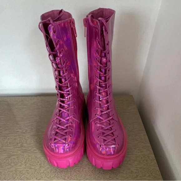 Dolls Kill Pink Iridescent Holographic Lace-Up Combat Boots Chunky Platform - Picture 2 of 5